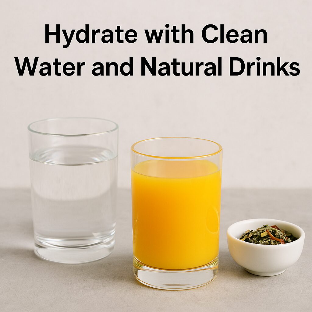 Glass of clean water and natural juice