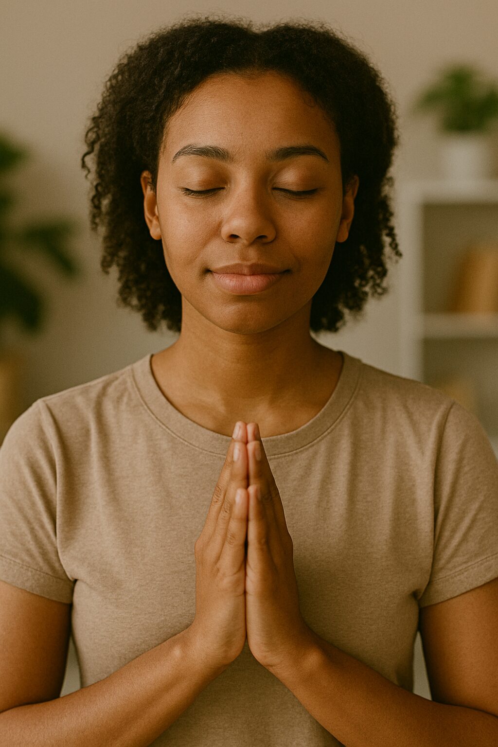 African woman practicing mindfulness at home
