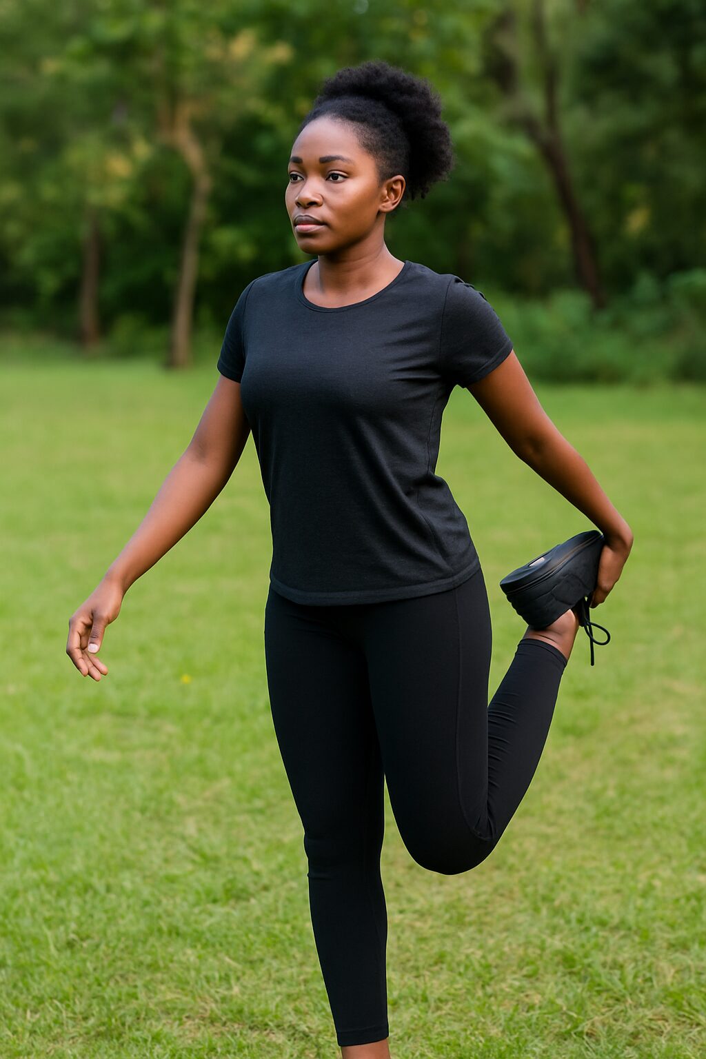African woman doing warm-up stretches outdoors