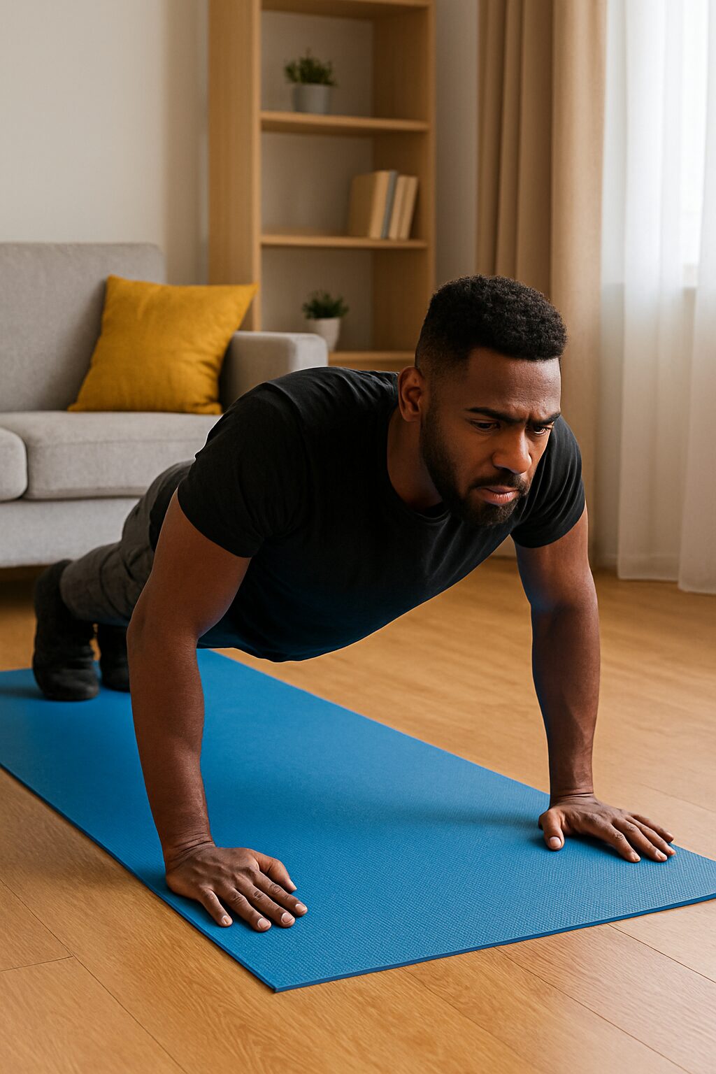 African man doing push-ups on a mat at home