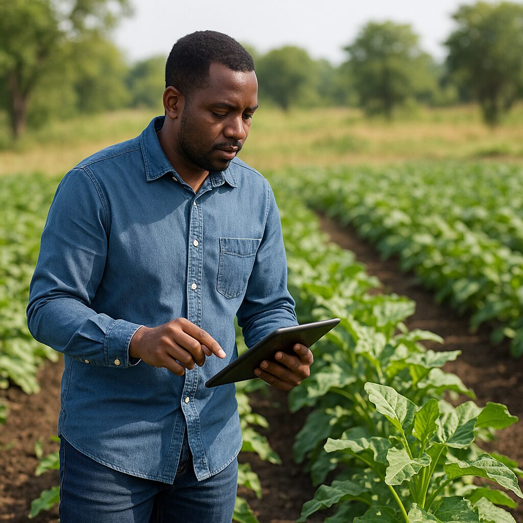 Farmer checking crops in a field with a tablet