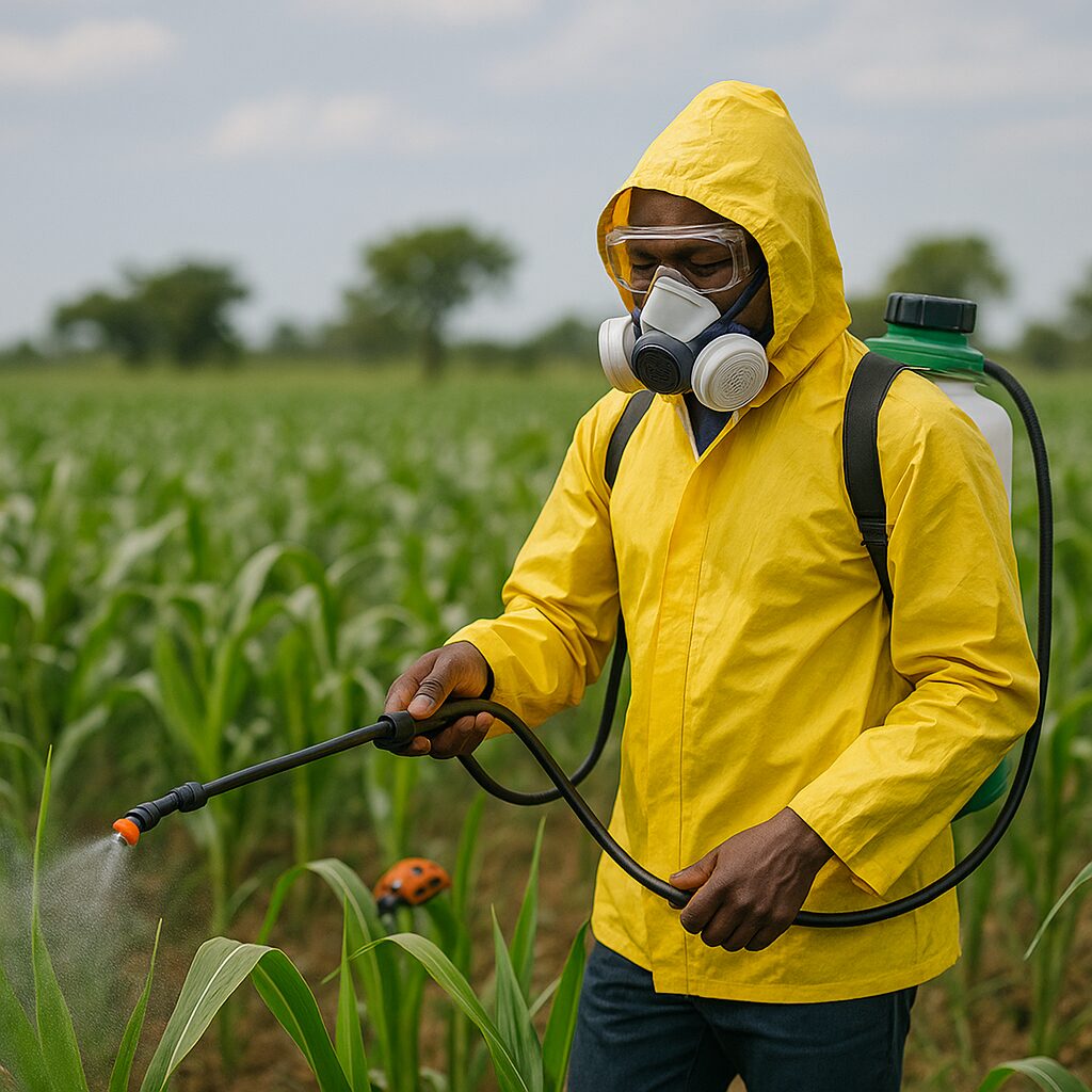 Farmer in protective gear spraying crops