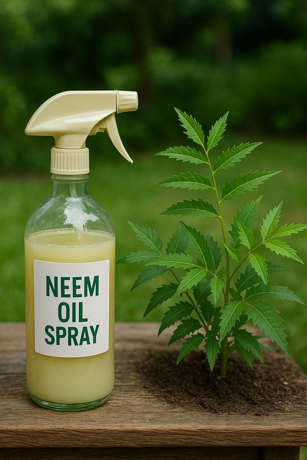 Neem oil spray bottle for natural pest control in home garden