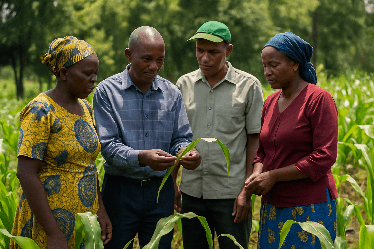 Kenyan farmers inspecting crops together