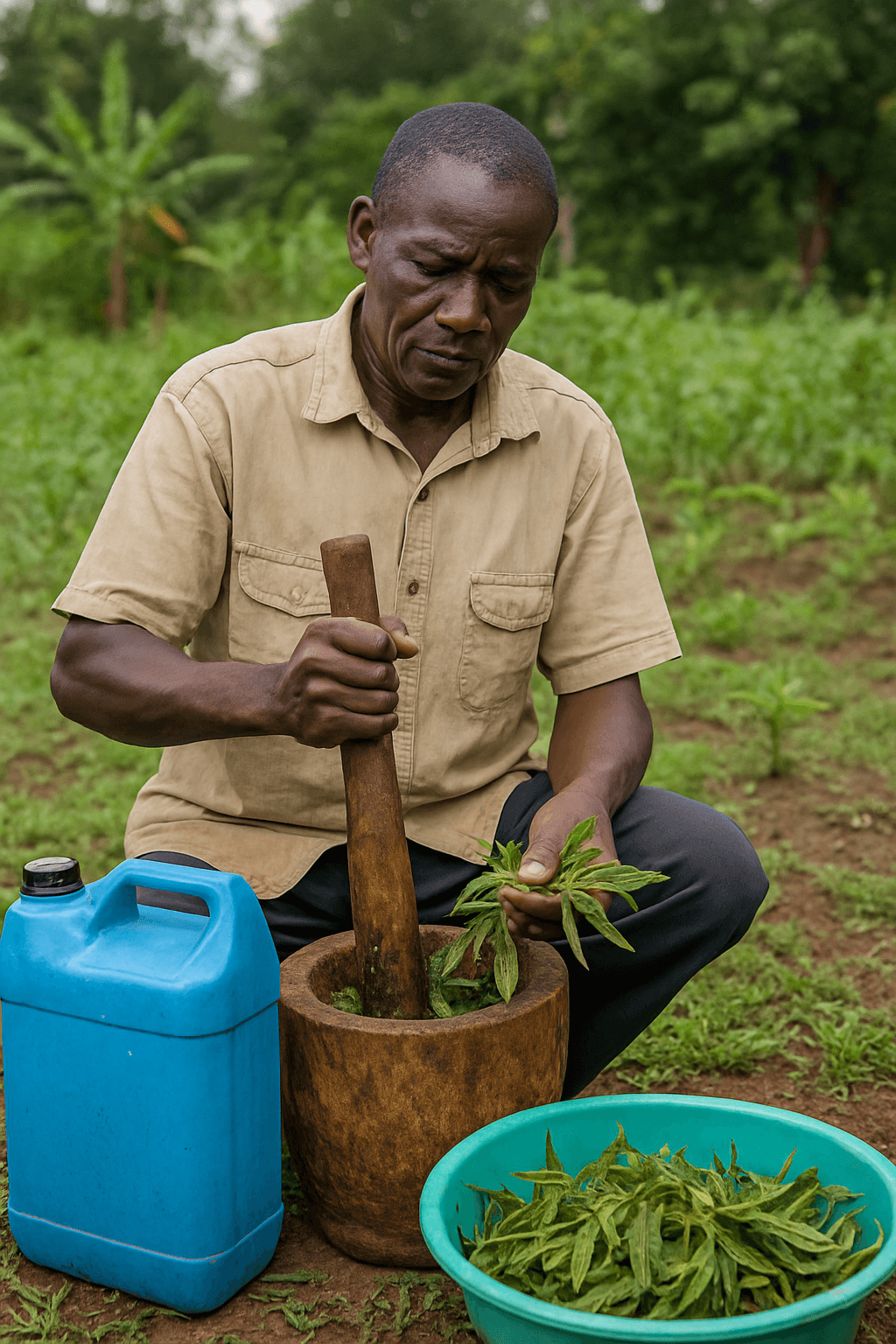 Farmer preparing neem-based organic pesticide